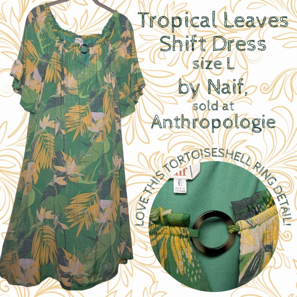 Anthropologie Naif Tropical Leaves Shift Dress - Green Yellow Palm Print, sz L